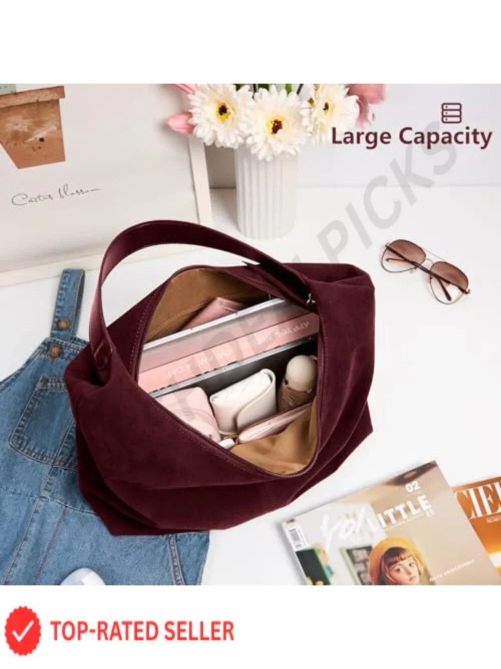 Slouchy Hobo Bag Faux Suede Leather Zipper Tote 14L Vegan Leather Shoulder